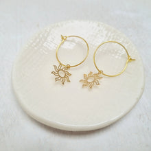 Load image into Gallery viewer, Gold Plated filigree Sun Pendant Hoop Earrings. - Zamsoe
