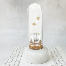 Load image into Gallery viewer, Gold Bee Stud Earrings With Wildflower Illustrations in a Glass Dome.