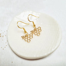 Load image into Gallery viewer, Gold Bee and Honeycomb Fish Hook Earrings in a Bottle - Zamsoe