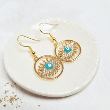 Load image into Gallery viewer, Gold Evil Eye Fish Hook Earrings in a Bottle - Zamsoe