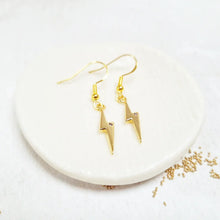 Load image into Gallery viewer, Gold Lightening Bolt Fish Hook Earrings in a Bottle - Zamsoe