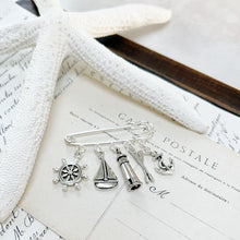 Load image into Gallery viewer, The Mariner: Sailing Boat & Lighthouse Charm Kilt Pin
