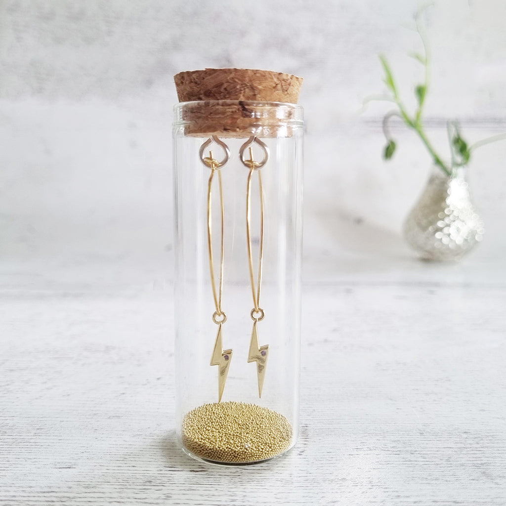 Lightening Bolt Gold with Crystal Earrings in a Bottle