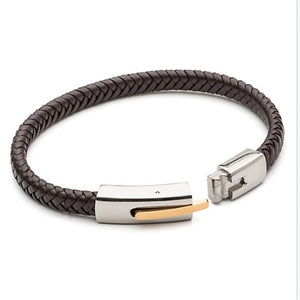 Men’s Plaited Leather Bracelet with gold ion plating Brown