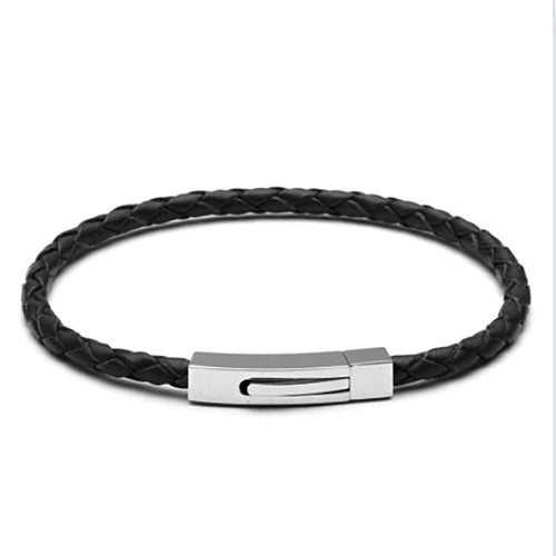 Plaited Black Leather Bracelet for Men 4mm Black