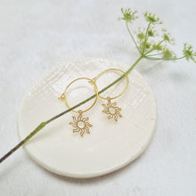 Load image into Gallery viewer, Gold Plated filigree Sun Pendant Hoop Earrings.
