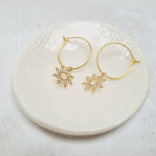 Load image into Gallery viewer, Gold Plated filigree Sun Pendant Hoop Earrings.
