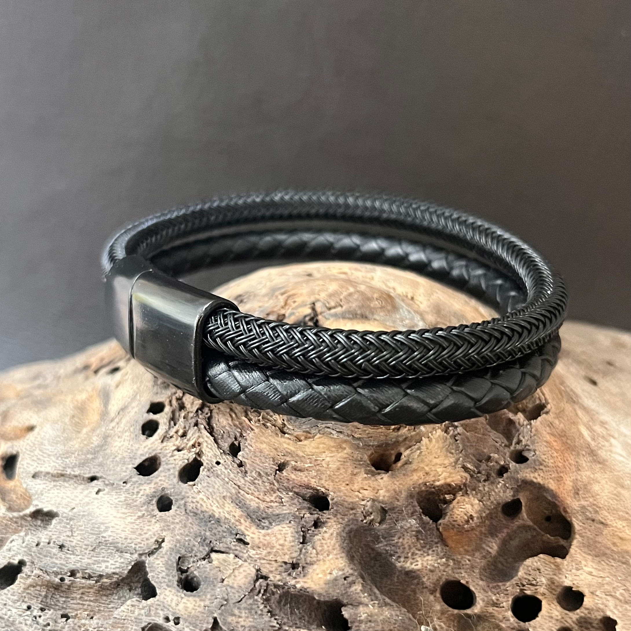 Stainless Steel And Leather Rope Mens Bracelet