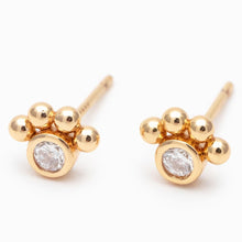 Load image into Gallery viewer, Gold Dog and  Paw Print Stud Earrings With a Hand-Drawn Illustration in a  Glass Dome.
