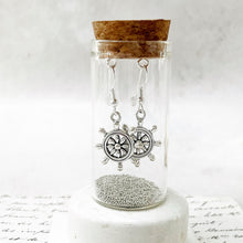 Load image into Gallery viewer, Silver Ship’s Wheel Earrings in a Bottle 
