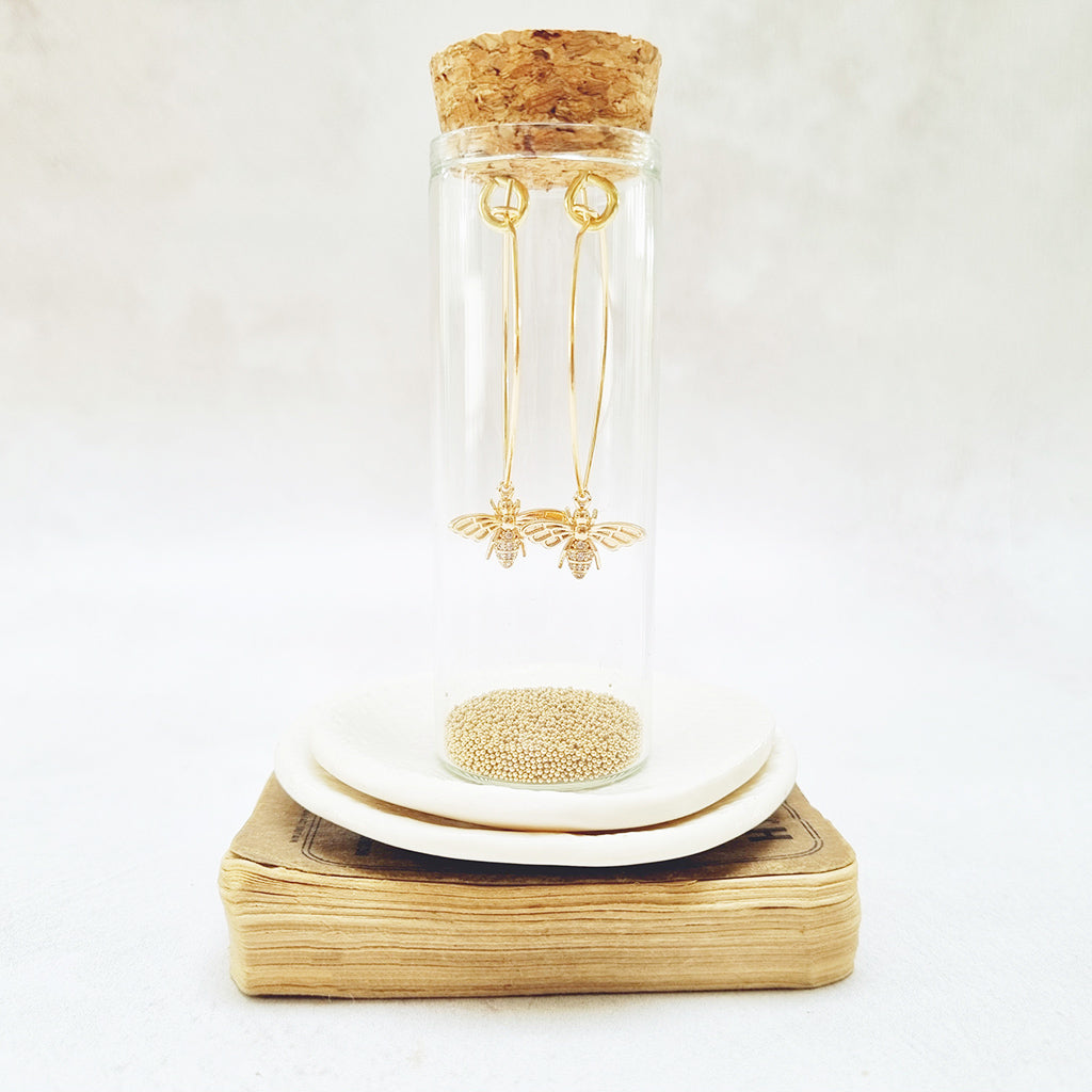 Gold Bee with Crystal Oval Hoop Earrings in a Bottle - Zamsoe