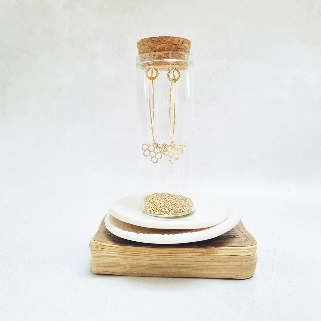 Gold Bee and Honeycomb Oval Hoop Earrings in a Bottle - Zamsoe