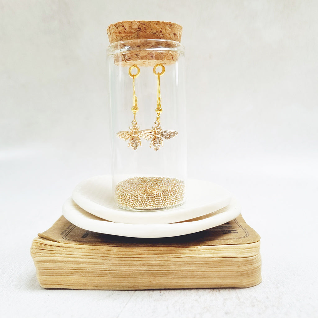 Gold Bee and Crystal Fish Hook Earrings in a Bottle