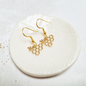 Gold Bee and Honeycomb Fish Hook Earrings in a Bottle