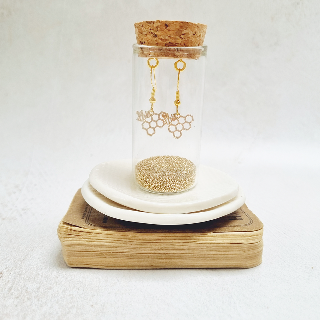 Gold Bee and Honeycomb Fish Hook Earrings in a Bottle - Zamsoe