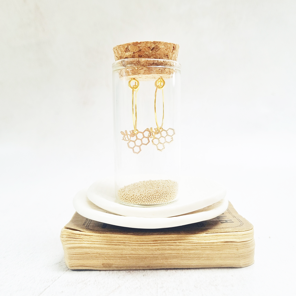 Gold Plated Bee and Honeycomb Hoop Earrings. - Zamsoe