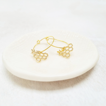 Load image into Gallery viewer, Gold Plated Bee and Honeycomb Pendant Hoop Earrings.
