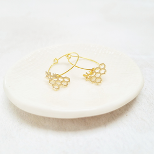 Gold Plated Bee and Honeycomb Pendant Hoop Earrings.