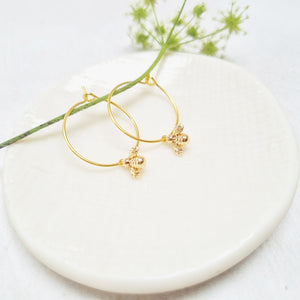 Gold Plated Bee Pendant Hoop Earrings.