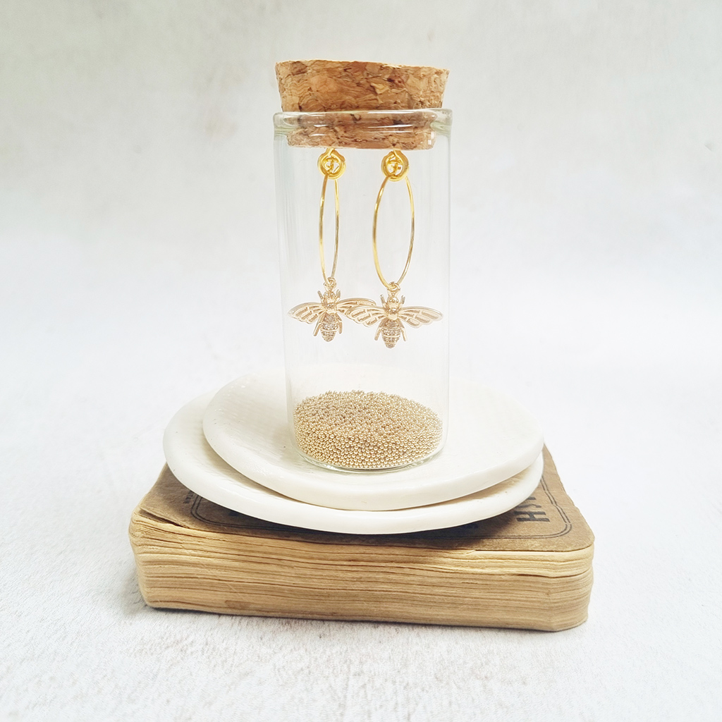 Gold Plated Crystal Bee Hoop Earrings adorned with a Cubic Zirconia Paves. - Zamsoe