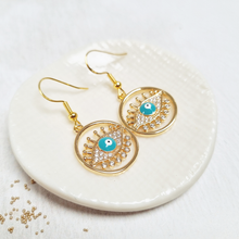 Load image into Gallery viewer, Gold Evil Eye Fish Hook Earrings in a Bottle
