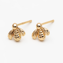 Load image into Gallery viewer, Gold Bee Stud Earrings With Wildflower Illustrations in a Glass Dome.
