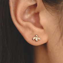 Load image into Gallery viewer, Gold Bee Stud Earrings With Wildflower Illustrations in a Glass Dome.
