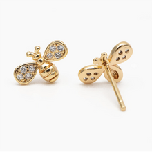 Load image into Gallery viewer, Gold Plated Bee Stud Earrings adorned with Cubic Zirconia Paves in a Bottle.
