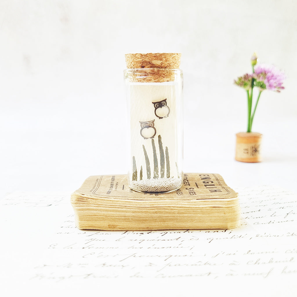 Adorable owl stud earrings in a bottle