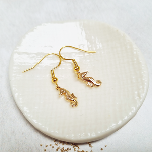 Gold Seahorse Fish Hook Earrings in a Bottle