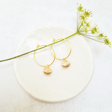 Load image into Gallery viewer, Gold Plated Seashell Hoop Earrings.
