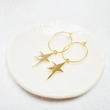 Load image into Gallery viewer, Gold Plated Abstract Star Pendant Hoop Earrings adorned with a Cubic Zirconia Paves Star.
