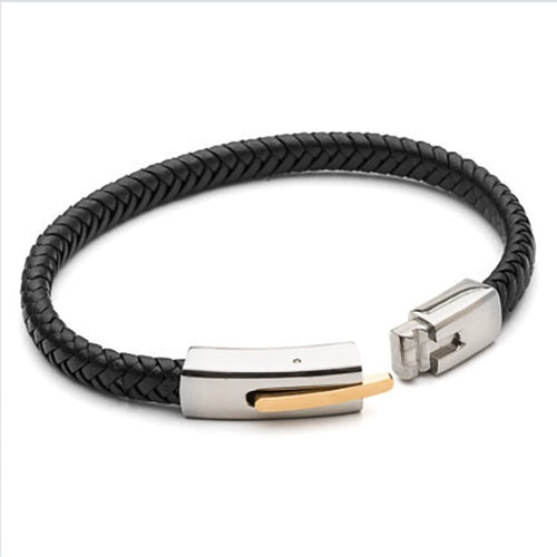 Men’s Plaited Leather Bracelet with gold ion plating Black