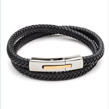 Load image into Gallery viewer, Men’s Plaited Leather Bracelet with gold ion plating black
