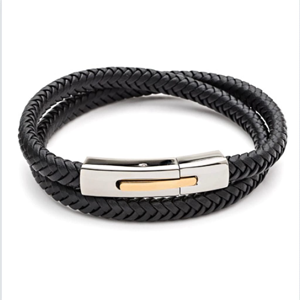 Men’s Plaited Leather Bracelet with gold ion plating black