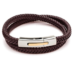 Men’s Plaited Leather Bracelet with gold ion plating brown