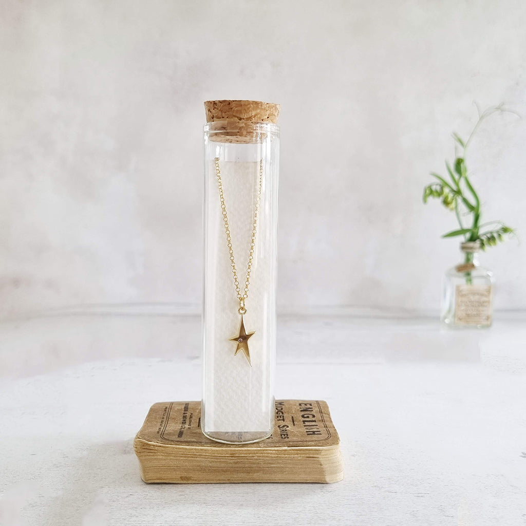 Gold star and dainty stone necklace in a bottle
